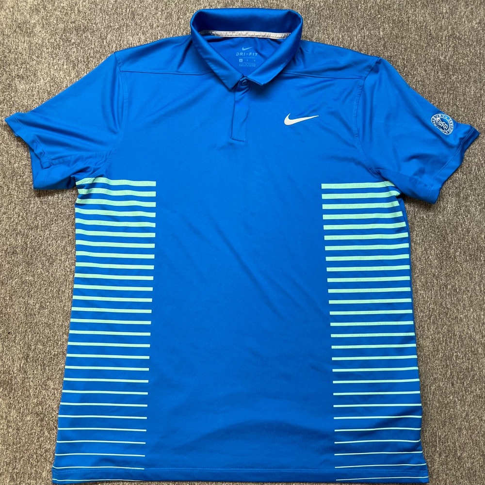 Nike Golf Dri-FIT Mens Large Blue Striped Polo Shirt Banbury Golf 890091-465